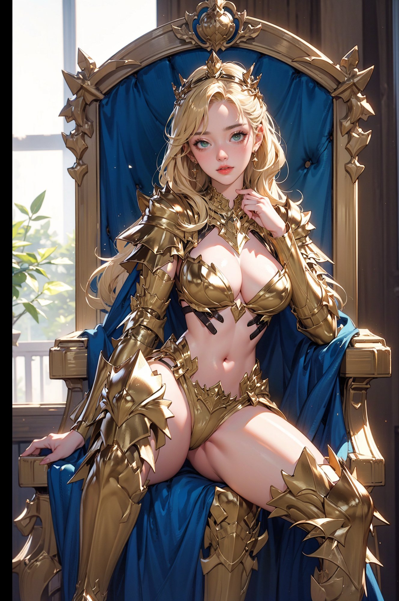 stunning woman wearing LAColdFury, <lora:LAColdFury:0.75>, (blonde hair:1.2),(long hair, hair over shoulder), garter strap, blue cape, gold armor, (gold boots), (high heel boots), BREAK, (Masterpiece:1.2), best quality, (illustration:1.2), (ultra-detailed), hyper details, (delicate detailed), (intricate details), (cinematic light, best quality Backlights), (throne room, large window, curtains, banners), solo female, perfect body, (1girl), (emperor),(crown:1.1), (sitting on Throne:1.3), ( shy:1.2), ((makeup)), high contrast, (best illumination, an extremely delicate and beautiful), ((cinematic light)), beautiful green eyes, 