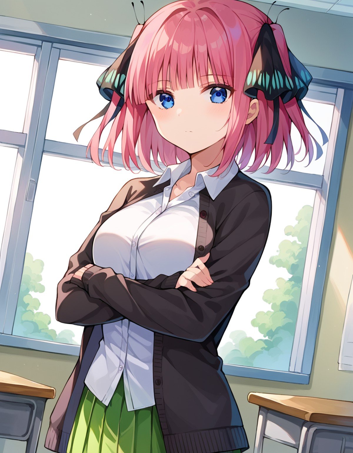 score_9, score_8_up, score_7_up, source_anime,ninonakano, <lora:nino-nakano-pruned-ponyxl-lora-nochekaiser:1>,nino nakano, short hair, bangs, blue eyes, hair ornament, hair ribbon, pink hair, blunt bangs, two side up, butterfly hair ornament, mature female,skirt, shirt, long sleeves, white shirt, pleated skirt, open clothes, collared shirt, sleeves past wrists, dress shirt, cardigan, green skirt, open cardigan, black cardigan, crossed arms,indoors, classroom,looking at viewer, cowboy shot, dutch angle,