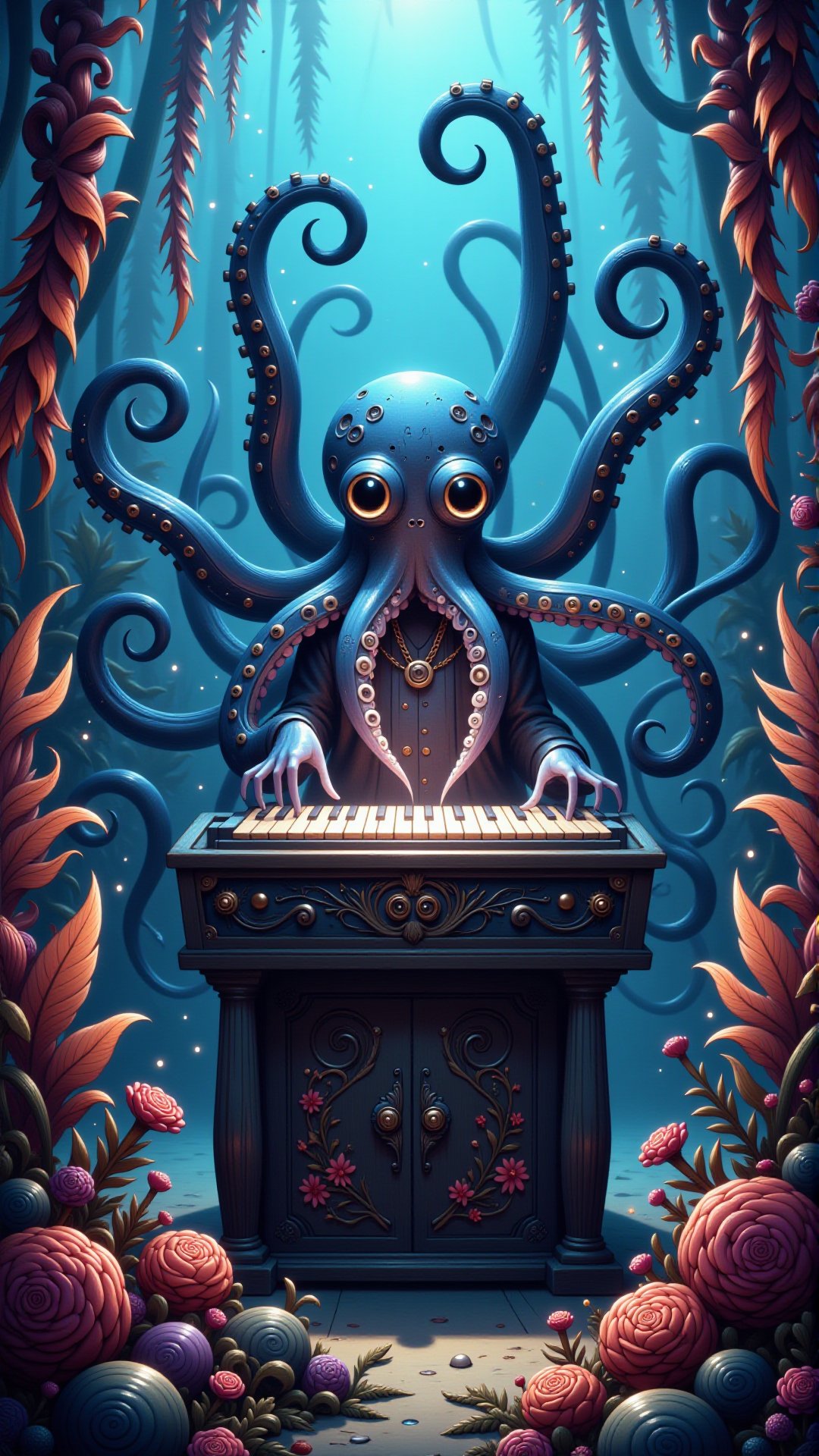 A cybernetic octopus, its eight arms ending in delicate pianist fingers, plays a haunting melody on a submerged, glowing organ in the heart of a bioluminescent kelp forest.