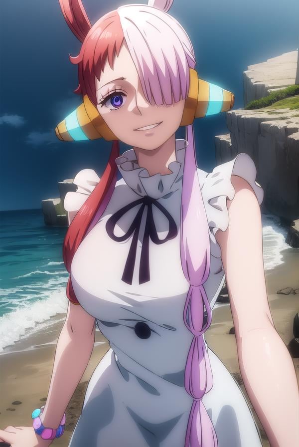 onepieceuta, <lora:uta red movie-lora-nochekaiser:1>,uta, long hair, (purple eyes:1.1), white hair, red hair, multicolored hair, (hair over one eye:1.5), two-tone hair, split-color hair, hair rings, sidelocks, smile, grin,BREAK dress, ribbon, jewelry, white dress, headphones,BREAK outdoors, ocean,  boat,BREAK looking at viewer, (cowboy shot:1.5),BREAK <lyco:GoodHands-beta2:1>, (masterpiece:1.2), best quality, high resolution, unity 8k wallpaper, (illustration:0.8), (beautiful detailed eyes:1.6), extremely detailed face, perfect lighting, extremely detailed CG, (perfect hands, perfect anatomy),