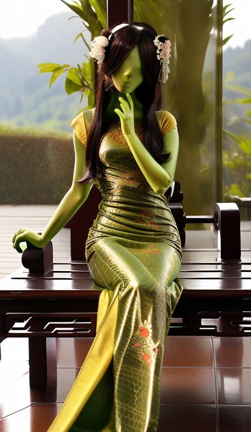 masterpiece, best quality,ultra detailed, a woman, sitting on a bench, wearing a green bodysuit, shiny complicated snake skin pattern on her skin,  long and thin legs, thin body, heels, small Breast, long black hair, dramatic lighting,  specular skin, facing camera, clear face, forest background, <lora:taiwanDollLikeness_v1:0.1>   <lora:zentaiV1.7:1>, wearing song hanfu, Chinese traditional clothing,  long yellow silk dress, flowers on her head, complicated carvings and decorations on her dress, <lora:hanfu_v30Song:0.35>