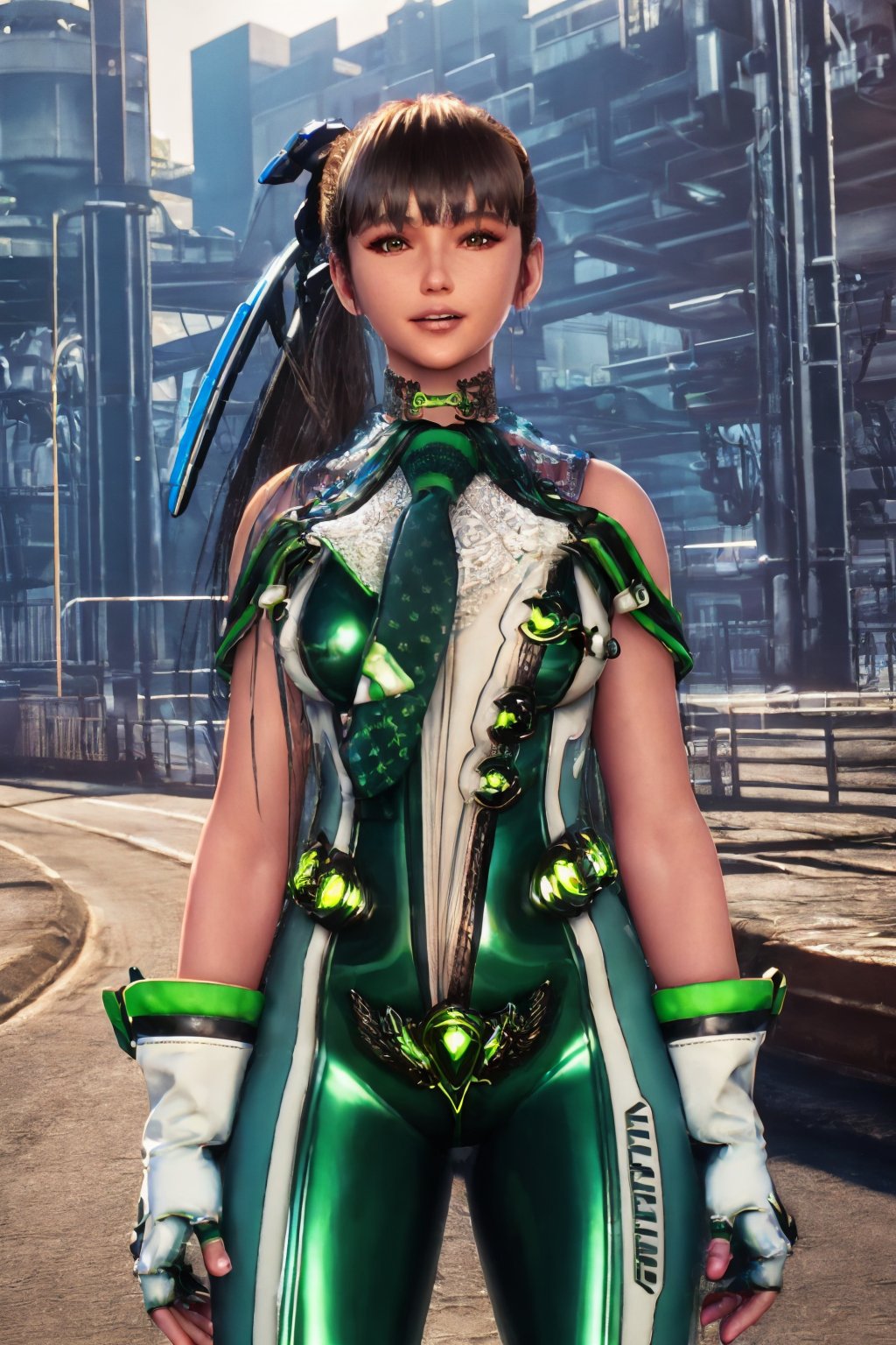 best quality, masterpiece, highres, detailed face, detailed eyes,highly detailed, realistic, outdoors, science fiction, cityscape, day,cowboy shot, facing viewer, looking at viewer,1girl, eve2, bodysuit, necktie, ponytail, choker, white gloves, little smile, parted lips, legs, pale skin,<lora:eve costume2 v3-000010:0.8>