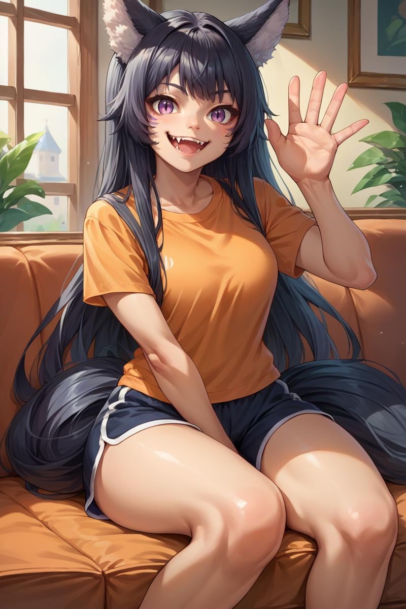 score_9, score_8_up, score_7_up, score_6_up, source_anime, 1girl, solo,  <lora:delta-pdxl-nvwls-v1-000005:1> delta, black hair, long hair, facial mark, wolf ears, tail, orange t-shirt, dolphin shorts, sitting, couch, looking at you, smile, happy, fangs, waving, mansion