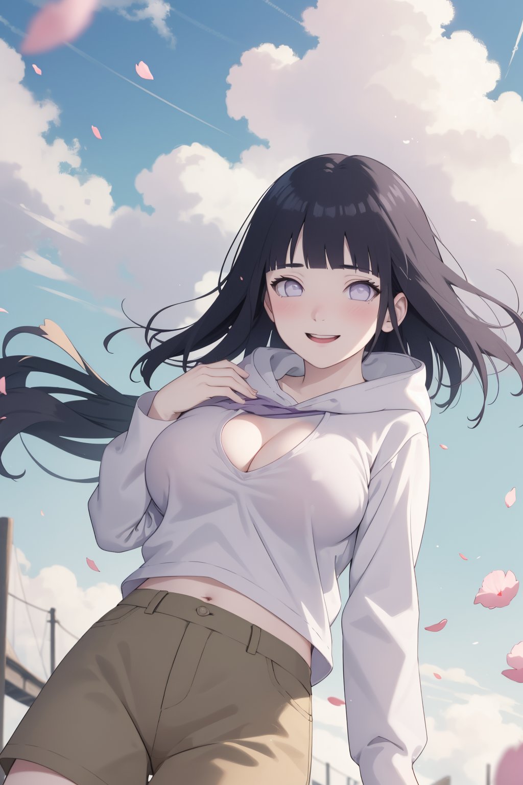 masterpiece,absurdres,hinata\(boruto\),1girl,solo,purple hoodie,layered sleeves,brown pants,outdoors,wind,floating hair,hand on own chest,looking at viewer,smile,(falling petals),cloudy sky,large breasts,fishnets,blush,<lora:lbc_Hyūga Hinata_Naruto24324_v1.0:0.8>,