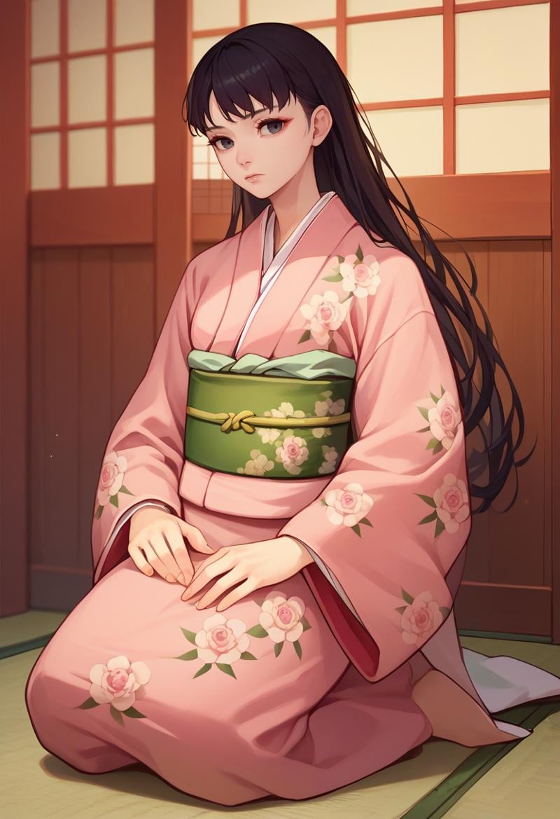 score_9, score_8_up, score_7_up, solo, 1girl, yukikokimono, expressionless, kneeling, japanese clothes, pink kimono, floral print, green sash, obi, indoors <lora:persona4_amagi_ponyXL-000007:1>