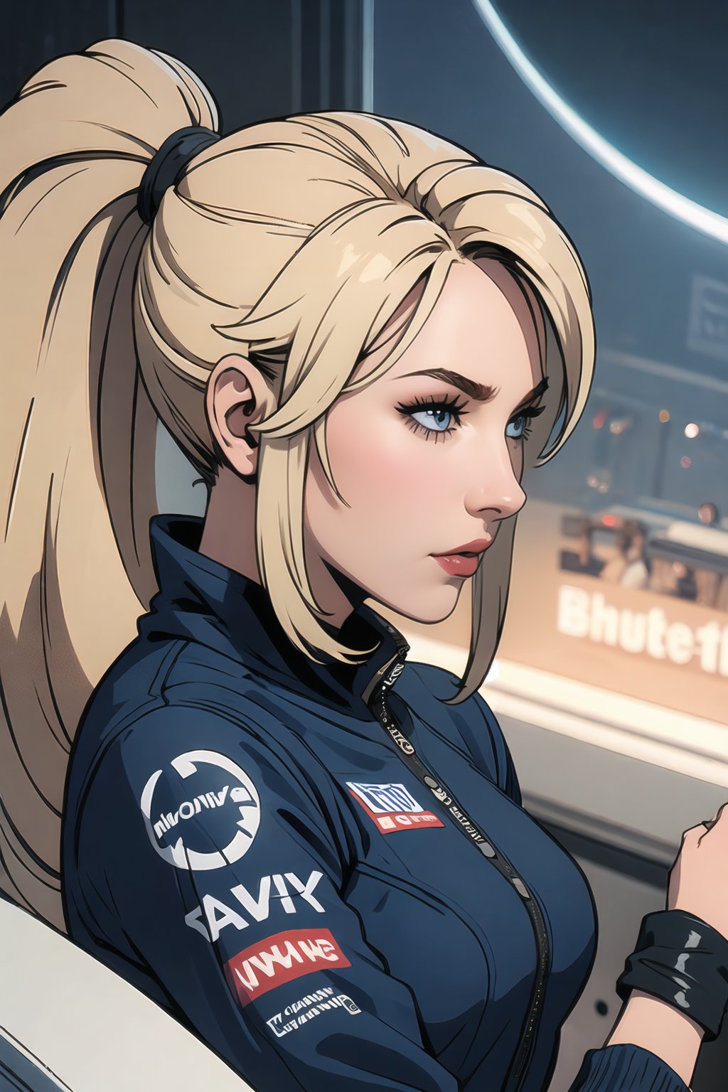 {(Sarah), (Blue Eyes), (Blonde, long hair, high ponytail)}, 1GirlRacing Circuit, IndyCar Event, Racing Queen,💡 **Additional Enhancers** ((High-Quality)), ((Aesthetic)), ((Masterpiece)), (Intricate Details), Coherent Shape, (Stunning Illustration), [Dramatic Lightning], ((midjourney))<lora:EMS-3183-EMS:0.200000>, <lora:EMS-345626-EMS:0.800000>