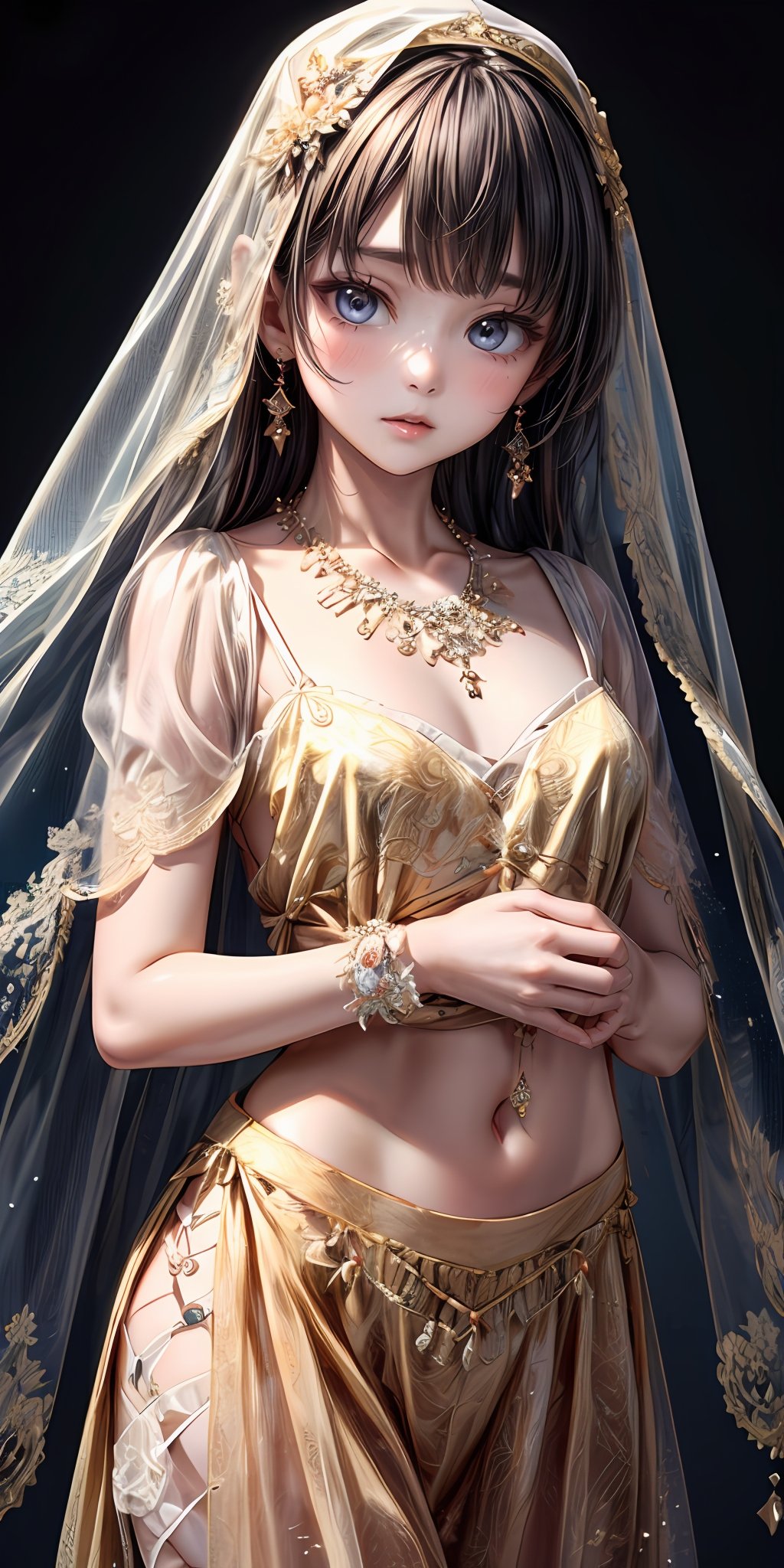 (masterpiece,ultra-detailed,best quality,8K,CG,illustration,shaved:1.0),(petite girl:1.0) <lora:more_details:1>, simple background,     <lora:jyoji fuku v17.0:0.5> jyojifuku, veil, necklace, see-through