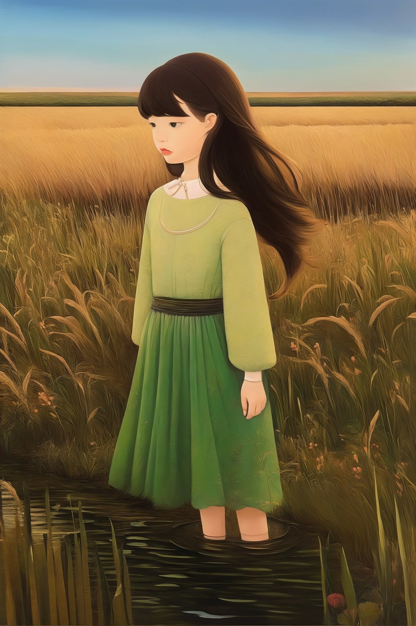 a painting,the river is covered with reeds and calamus,the green river,a girl embracing the sky,masterpiece,dramatic picture,the river is full of lotus,