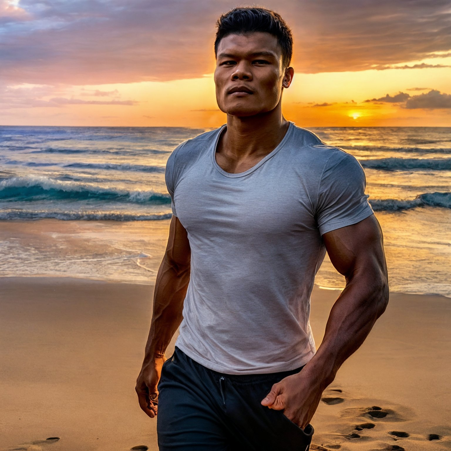 photo of peemaipor, a muscular man walking along the shore looking at the camera wearing a sports black t-shirt and long pants featuring cool oceanic tones and golden sunset lighting to capture the tranquility and beauty of the beach hdr<lora:Add More Details:0.7> <lora:Peemaiporkobk B1:1>