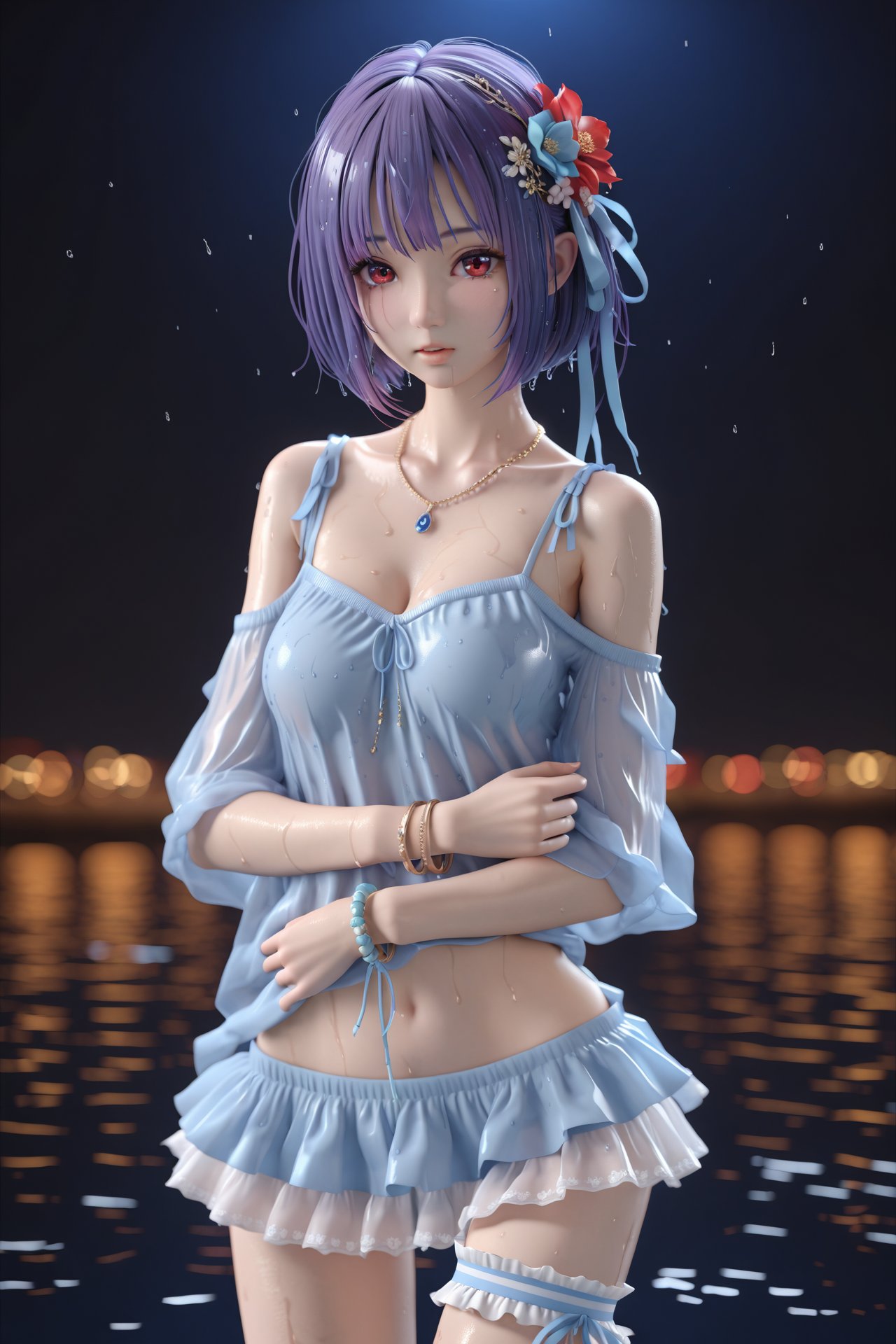 (masterpiece),(best quality),illustration,ultra detailed,hdr,Depth of field,(colorful),mmd,night,1girl,solo,red eyes,looking at viewer,hair ornament,short hair,upper body,wet hair, hair ribbon, hair flower, leg_garter, necklace, bracelet, cold shoulder,miniskirt,royal