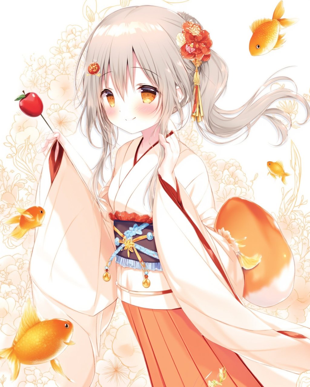 <lora:flux-shiratama-R2:1>,A high-quality image of a masterpiece featuring an artist named Torino Aqua, depicting a 1girl solo scene with a fish, specifically a goldfish, prominently displayed. The girl is wearing traditional Japanese clothes, including a kimono, adorned with a hair ornament, and a sash. She has a blush on her cheeks, a closed mouth, and long sleeves with wide sleeves. Her hair is styled with a flower and a hair flower, and she is holding a bag and a candy apple. The background is simple with a white background and a floral print. The girl's eyes are orange, and she has red nails and orange nail polish. Her hair is between her eyes, and she is looking directly at the viewer. This alternate costume features a ponytail and a cowboy shot perspective.