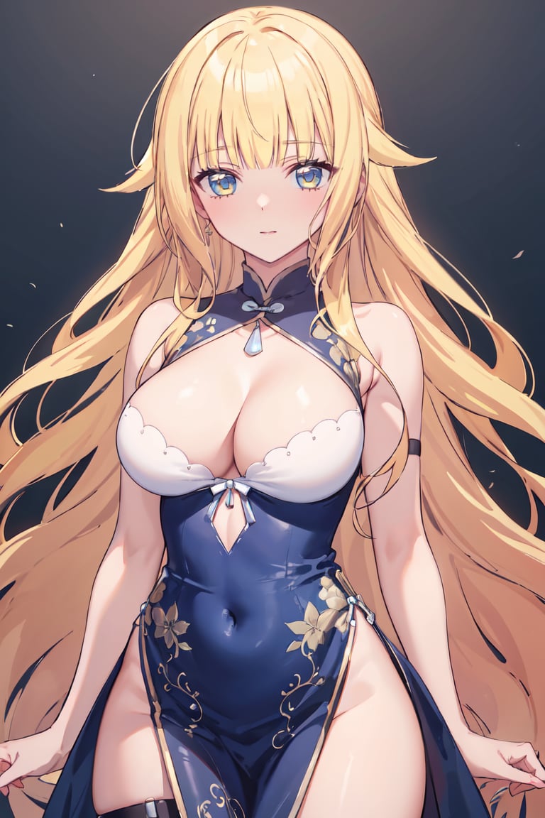 masterpiece, best quality, ultra-detailed, glistening shiny, glowing light, ray tracing, HDR, deph of field, (perfect face, detailed face),  <lora:Beelzebub_jou:0.7>, beelzebubjou, very long hair, hair flapssmile, large breasts, china dress, revealing clothes, bare arms, thigh strap