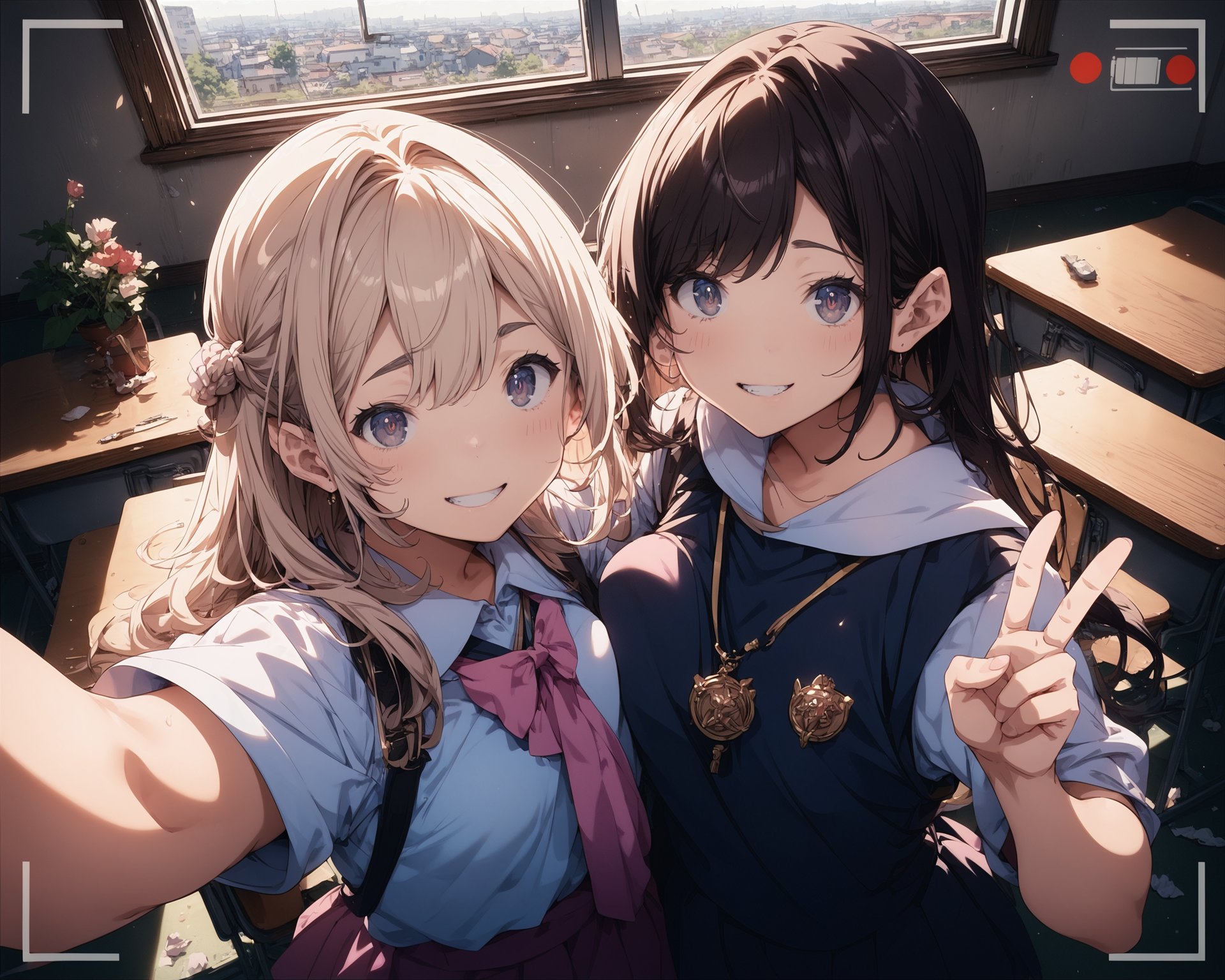 score_9,score_8_up,score_7_up,source_anime,masterpiece,best_quality,highres,absurdres,BREAK2girls,peace_sign,looking_at_viewer,recording,selfie,classroom,