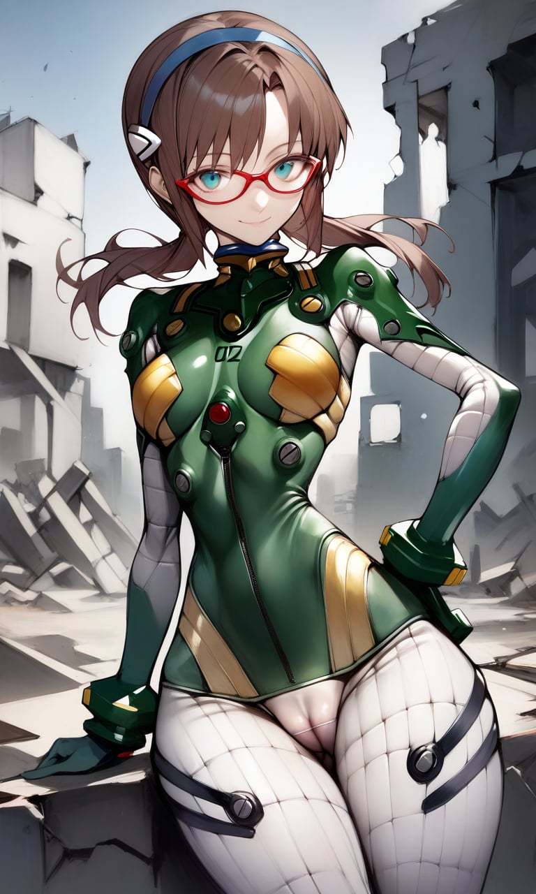 solo, 1girl, maritest, aqua eyes, hairband, brown hair, red-framed eyewear, green plugsuit, bracer, quilted bodysuit, narrow waist, cameltoe, thick thighs, wide hips, looking at viewer, light smile, cameltoe, outdoors, ruins, masterpiece, absurdres, by nyatabe, <lora:MariTestSuit_XL:0.9><lora:Nyatabe_XL:0.65> <lora:Fixhands_anime_bdsqlsz_V1:1> 