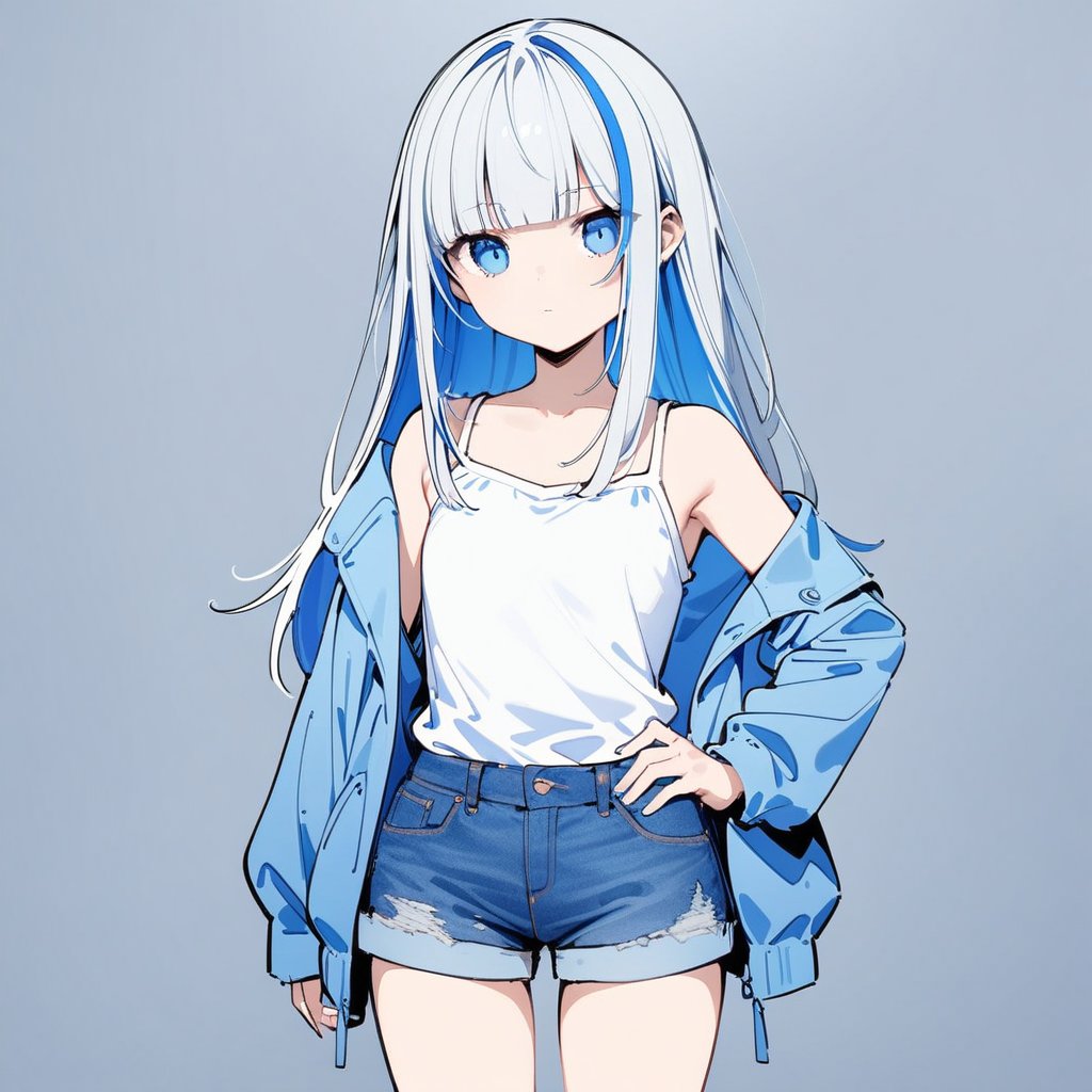 Noyu,1girl,solo,blue eyes,white hair,blue streaked hair,long hair,blunt bangs,flat chest,open jacket,off shoulder shirt,denim shorts,cowboy shot,expressionless,jitome,hand on hip,masterpiece,bestquality,onnk,line art,line style,