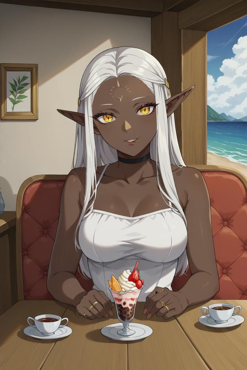 score_9, score_8_up, score_7_up, source_anime, 1girl, prefect lighting, very aesthetic, intricate details, highly detailed background, masterpiece, high quality,<lora:Cithis:.75>,pointy ears, elf, ring, forehead mark, dark skin, dark-skinned female, yellow eyes, white hair, Cithis,<lora:PONYXL_CONCEPT_PovDating_ownwaifu:1>, CONCEPT_PovDating_ownwaifu, 1girl, cup, smile, window, looking at viewer, indoors, pov across table, cafe, spoon, sitting, teacup, parfait, food, ice cream, upper body, chair, saucer, pov dating, pov,sundress, parted lips, expressionless,Sunny, room, inside, beach, sea, mountains in the background,(Beautiful, medium Breasts:1.2), natural breasts,