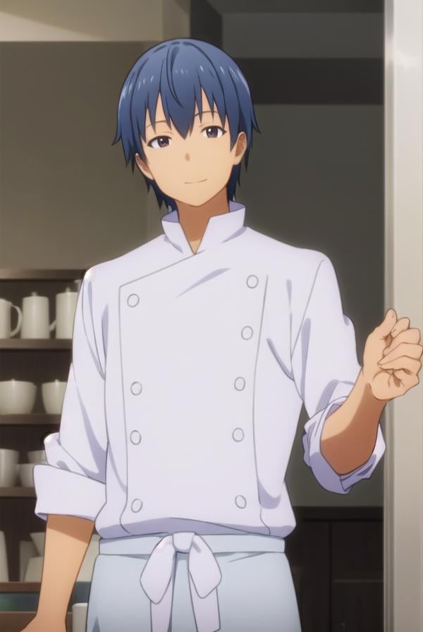 hiroomisouma, <lora:hiroomi souma s2-lora-nochekaiser:1>,hiroomi souma, (brown eyes:1.3), blue hair, male focus, smile,BREAK apron, buttons, waist apron, white pants, chef,BREAK indoors, restaurant,BREAK looking at viewer, (cowboy shot:1.5),BREAK <lyco:GoodHands-beta2:1>, (masterpiece:1.2), best quality, high resolution, unity 8k wallpaper, (illustration:0.8), (beautiful detailed eyes:1.6), extremely detailed face, perfect lighting, extremely detailed CG, (perfect hands, perfect anatomy),