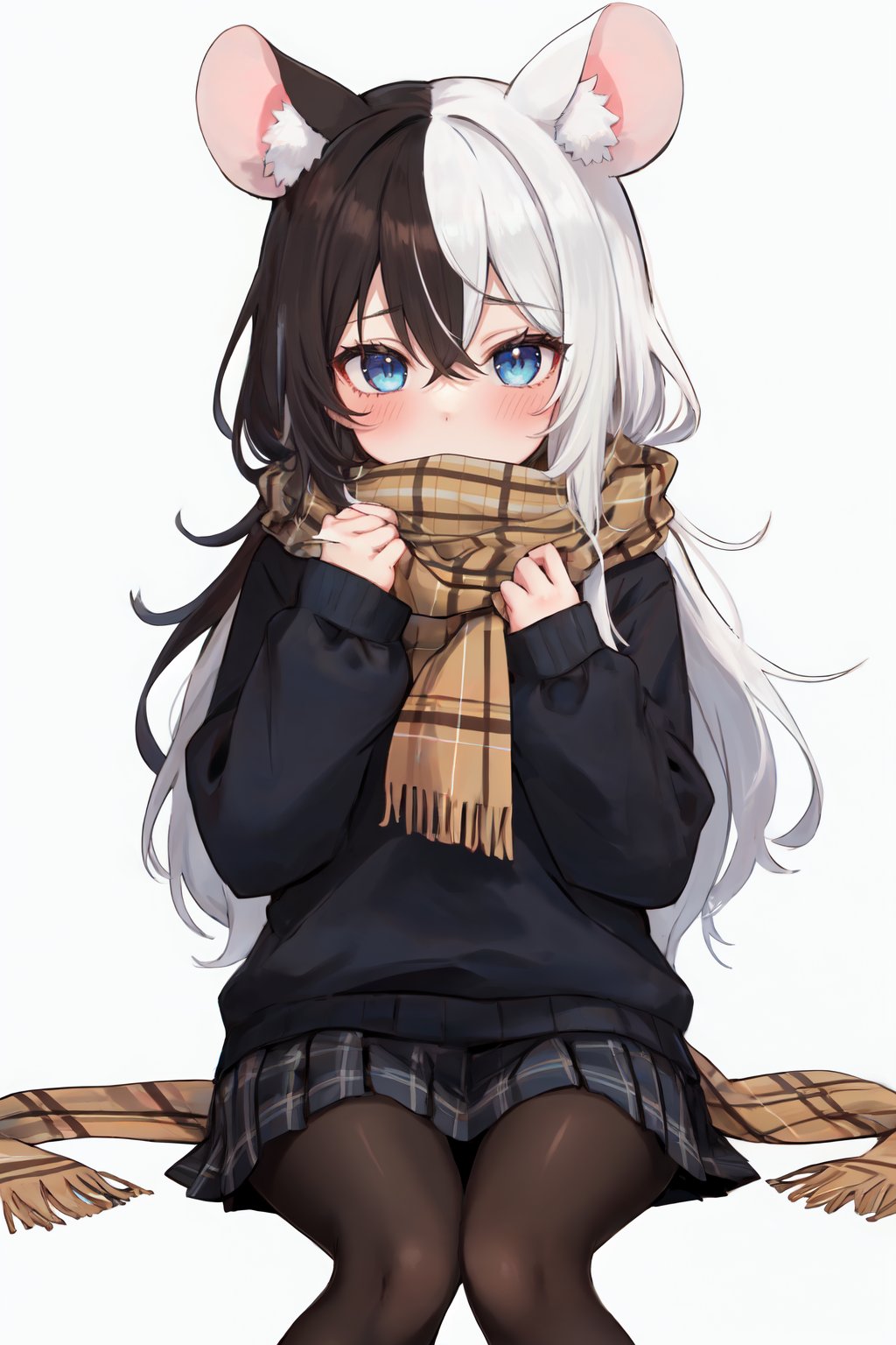 1girl, hakos baelz, , hololive, hololive english, animal ear fluff, animal ears, black hair, black skirt, blue eyes, blue sweater, blush, breathing on hands, brown pantyhose, brown scarf, covered mouth, crossed bangs, enpera, hair between eyes, hands up, long hair, long sleeves, looking at viewer, mouse ears, multicolored hair, pantyhose, plaid, plaid scarf, pleated skirt, puffy long sleeves, puffy sleeves, red hair, scarf, school uniform, simple background, sitting, skirt, sleeves past wrists, solo, sweater, two-tone hair, very long hair, virtual youtuber, white background, white hair, 