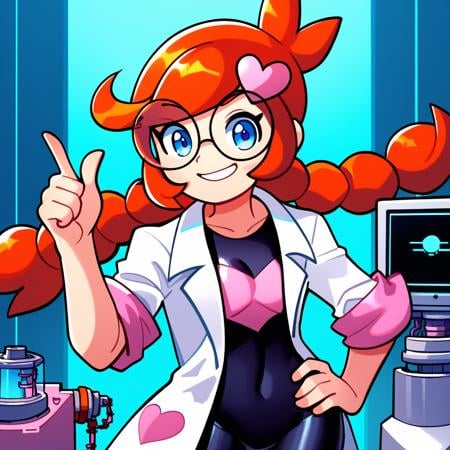 score_9_up, score_8_up, score_7_up, score_6_up, best quality, masterpiece, source_cartoon, detailed background, blue background, (lab, laboratory, machines, computer:1.5), BREAK 1girl, solo, penny_(\warioware\), large head, orange hair, blue eyes, braids, glasses, pink hairpin, labcoat, black bodysuit, short sleeves, pointing, one hand on hip, smile, cowboy shot, looking at viewer  <lora:PDXL_Penny_WW:1>