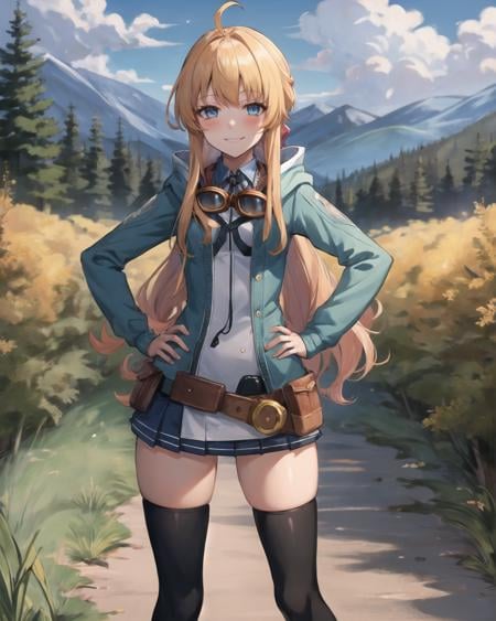 best quality, (masterpiece:1.2), illustration, absurdres,(1girl, solo), (beautiful detailed girl),<lora:Tita:0.95>, Tita Russell, blue eyes, blonde hair, long hair, ahoge, small breasts, flat chest, petite,goggles on neck, green hoodie, blue shirt, miniskirt, black socks, red shoes,overlooking distant mountains, distant river, (pine forest), autumn colors, sky, clouds, intricate, detailed background,,looking at viewer, smile, blush,((hands on hips)), cowboy shot,