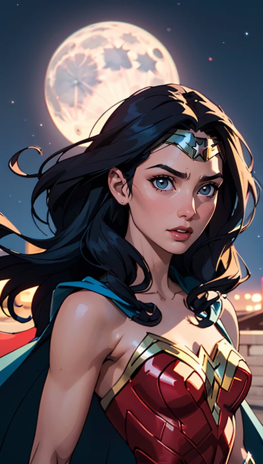 (best quality, masterpiece, colorful, dynamic angle, highest detailed)(Wonder Woman), upper body photo, fashion photography of cute black long hair girl (Wonder Woman), dressing high detailed Wonder Woman suit (high resolution textures), in dynamic pose, bokeh, (intricate details, hyperdetailed:1.15), detailed, moonlight passing through hair, perfect night, (fantasy background), (official art, extreme detailed, highest detailed), HDR+