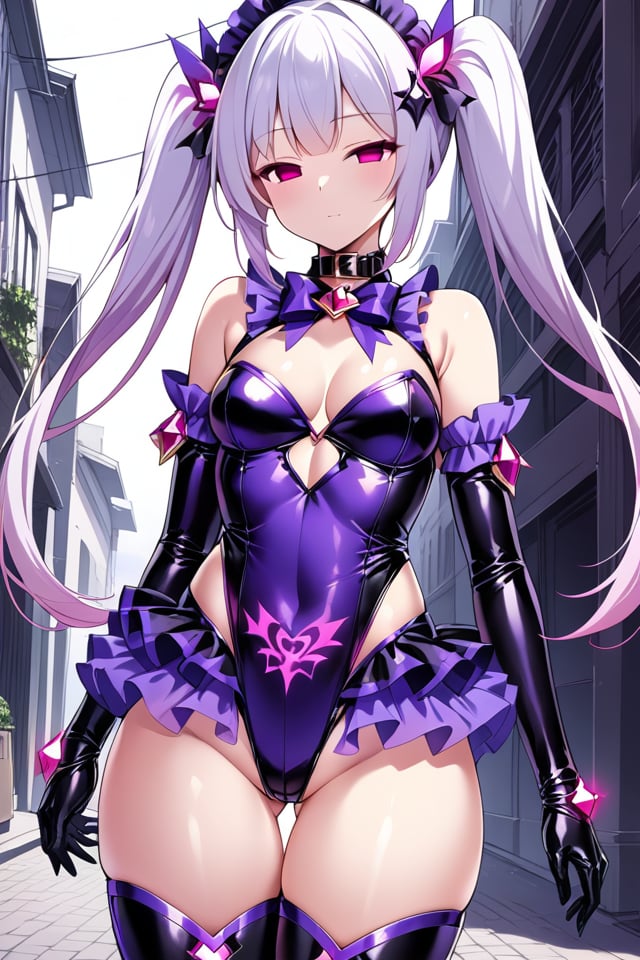 illustration,extremely detailed,highly detailed,best quality,masterpiece,highres,semi-realistic,portraits,anime,cowboy shot,purple theme, 1gril,solo,perfect female body,perfect anatomy,medium breasts,half-closed eyes,pink eyes,no pupils,empty eyes,twintails,tri tails,white hair,wide hips,thick thighs,thigh gap,big butt,fat mons,glowing pubic tattoo,hair ornament,headdress,collar,expressionless,closed mouth,boots, ,standing,looking at viewer,arms at sides,dark magical girl,see-through,latex,shiny clothes,trim,frills,layered skirt,ornaments,leotard, ribbon,bow,gem,,(street:1.1), <lora:Corruptionv2.1XL:0.7>