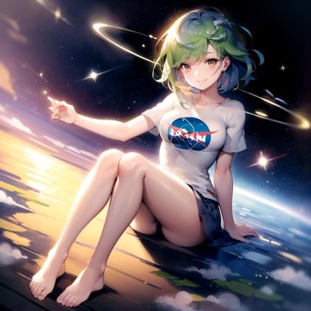 2d, masterpiece, best quality, anime, highly detailed face, highly detailed eyes, highly detailed background, perfect lighting, full body, 1girl, solo, earth-chan, brown eyes, t-shirt, medium breasts, space, sitting, earth \(planet\), smile <lora:earth-chan-10:1>