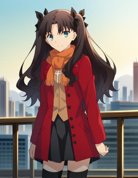 score_9, score_8_up, score_7_up, source_anime,rintohsaka, <lora:rin-tohsaka-ubw-ponyxl-lora-nochekaiser:1>,rin tohsaka, aqua eyes, black hair, hair ribbon, long hair, ribbon, sidelocks, two side up, parted bangs,skirt, thighhighs, long sleeves, pleated skirt, black thighhighs, black skirt, scarf, zettai ryouiki, coat, red coat, orange scarf,outdoors, cityscape, smile,looking at viewer, dutch angle, cowboy shot,