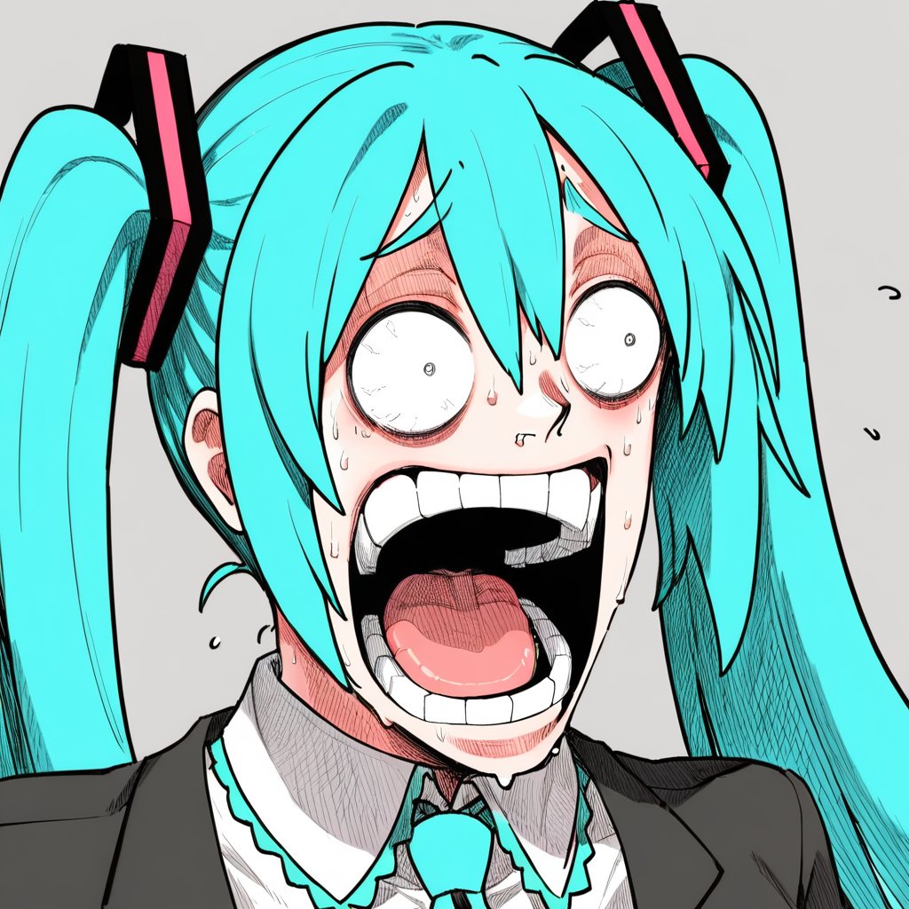 <lora:xl_exaggerated surprised expression(kohaku_Delta):1>,sailulu style,enel face,open mouth,sweat,teeth,wide-eyed,constricted pupils,hatsune miku,solo,, masterpiece, best quality,