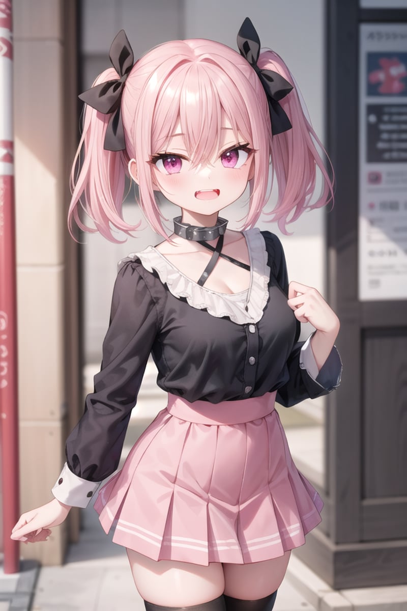 <lora:talkmouth_E_type2_v100:1>insanely detailed, absurdres, ultra-highres, ultra-detailed, best quality,1girl, solo, nice hands, perfect handsBREAKjirai kei,thighhighs, skirt, twintails, pink skirt, collar, bow, black thighhighs, black bow, long hair, pink bow, hair bow, spiked collarBREAK(nsfw:-1.5)BREAKsmile, open mouthBREAK,standing, cowboy shot, looking at viewerBREAKslender, kawaii, perfect symmetrical face, ultra cute girl, ultra cute face, ultra detailed eyes, ultra detailed hair, ultra cute, ultra beautifulBREAKin japanese street, cityscape in japan, depth of field, ultra detailed backgroundBREAKmedium breastsBREAKpink hair, pink eyes, short hair, hair between eyes