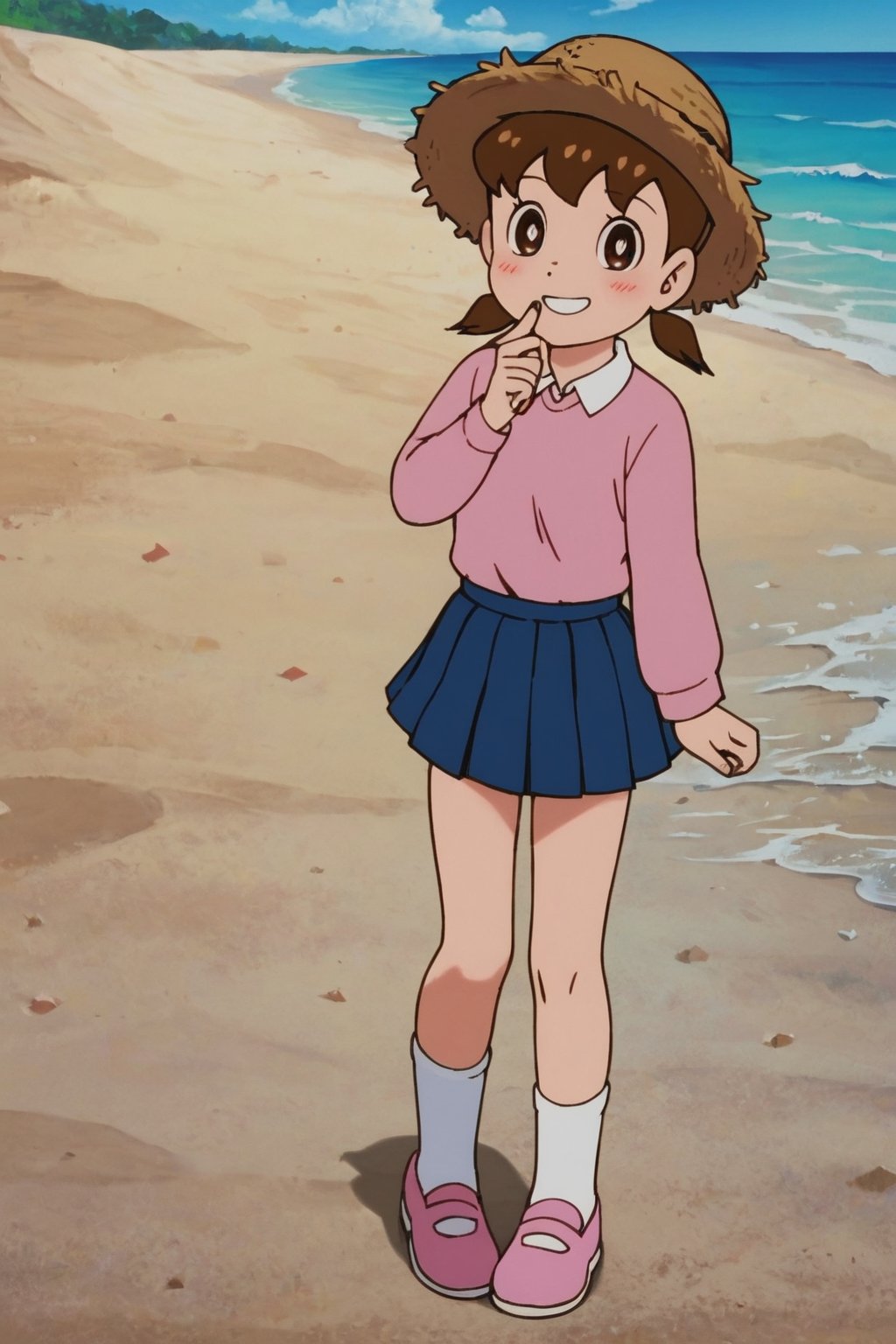 score_9, score_8_up, score_7_up, score_6_up, score_5_up, score_4_up, source_anime,minamoto sizuka,1girl, outdoors, hat, solo, skirt, twintails, brown hair, socks, sky, shirt, blue skirt, beach, smile, day, cloud, shoes, brown eyes, pink footwear, ocean, white socks, looking at viewer, long sleeves, pink shirt, blue sky, standing, full body, pleated skirt, bright pupils, short twintails, water, white pupils, collared shirt, blush, grin, straw hat, sun hat, hand up, low twintails,masterpiece, perfect face, best quality, beautiful girl, cute girl, beautiful eyes, shiny eyes, anime coloring, anime screencap, absurdres, award winning, full body,  <lora:minamoto shizuka auti 918:0.7>