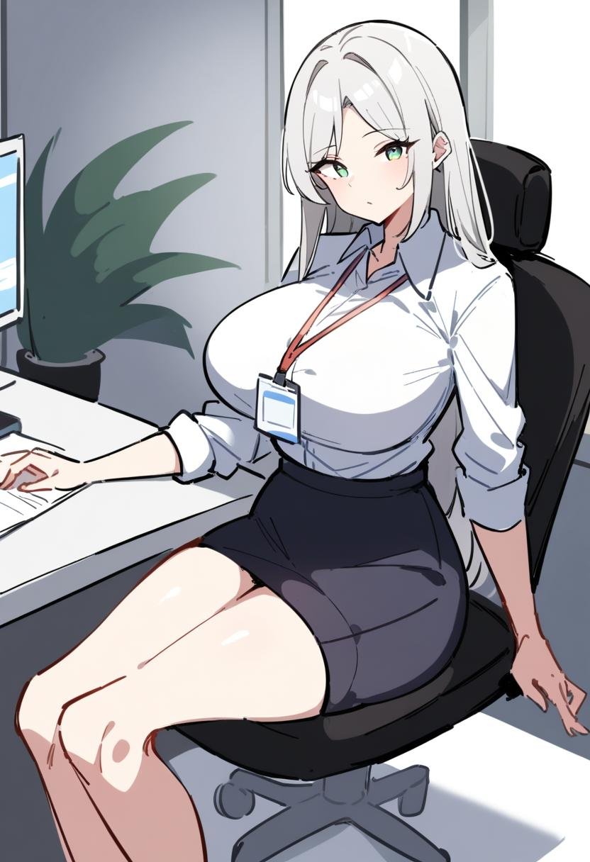 1girl, solo, mature female, sketch, long hair, silver hair, green eyes, large breasts, white shirt, shirt, collared shirt, sitting, office chair, lanyard, window, table, masterpiece, best quality, very aesthetic, absurdres,