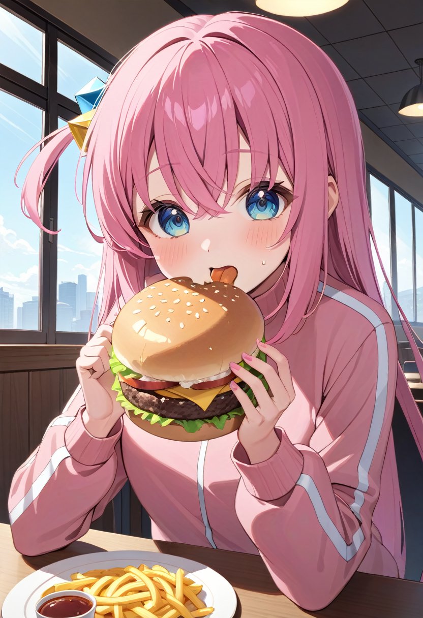 upper body, solo, 1girl, gotohdef, eating, holding hamburger, food, one side up, cube hair ornament, pink jacket, track jacket, long sleeves, indoors, table, restaurant <lora:bocchi_gotoh_xl-000004:1>