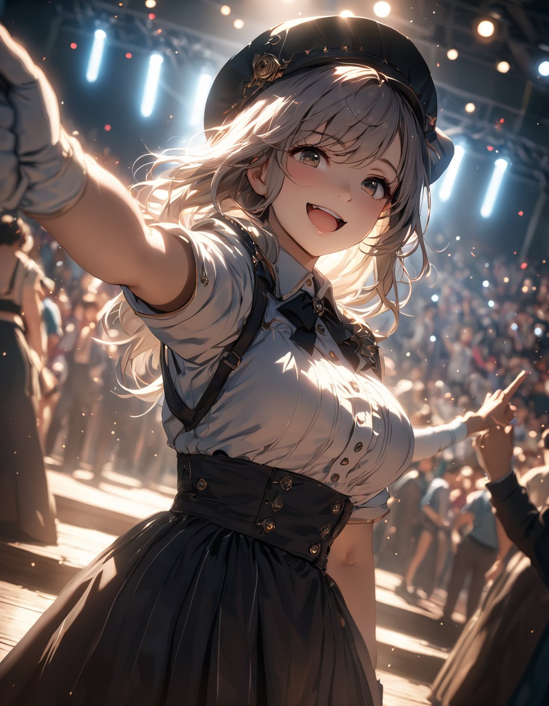 anime,1girl,white long hair,gray eyes, white shirt, idol clothes, one eye closed, red shirt, black skirt, black headwear, gloves, stage light, singing, open mouth, crowd, smile, pointing at viewer, masterpiece, best quality (Depth of field hdr 8k 4k wallpaper cinematic angle, cinematic lighting,:1.5) (masterpiece, best quality:2.0), (Depth of field hdr 8k 4k wallpaper cinematic angle, cinematic lighting,:1.5) (masterpiece, best quality:2.0)