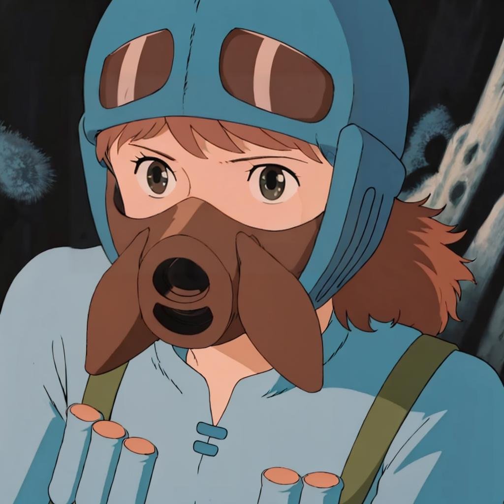 <lora:Nausicaa005:0.7>,close-up,Nausicaa,1girl,goggle helmet,mask,blue_dress,long_sleeves,nature,