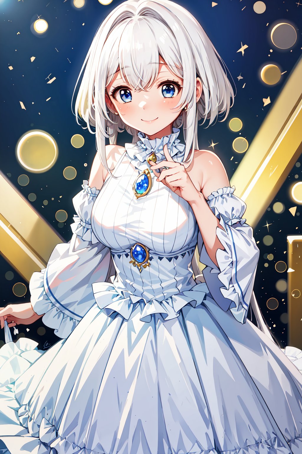 (masterpiece, best quality), solo, 1girl, lustrous skin, very aesthetic, absurdres, towa, (long hair), blue eyes, white hair, blurry background, bokeh, smile, dynamic, dress, mini skirt, frilled skirt, long dress, bare shoulders, jewelry, detached sleeves, sleeveless, wide sleeves, frilled_sleeves, brooch, gem<lora:EMS-352655-EMS:0.750000>