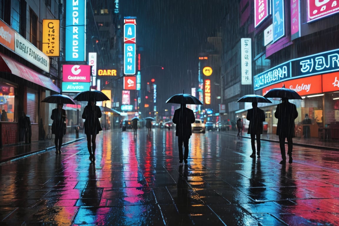 It's raining heavily on the streets of the city at night,  and people with umbrellas are moving around busily.Very thick raindrops fall. Neon signs,  car lights visible in the distance.Ultra-clear,  Ultra-detailed,  ultra-realistic,  full body shot,  very Distant view,  facial distortion,<lora:EMS-74471-EMS:0.400000>,<lora:EMS-57135-EMS:0.400000>,<lora:EMS-24184-EMS:0.800000>