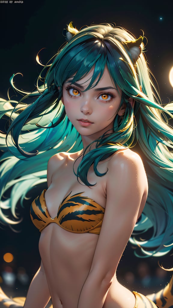 (best quality, masterpiece, colorful, dynamic angle, realistic)\Lum\, upper body photo, fashion photography of cute, intense long green hair, orange eyes, tiger print, strapless bikini, yellow boots, yellow little horns, small horns, \Lum\, <lora:lum4:0.6>  (ultrahigh resolution textures), in dynamic pose, bokeh, (intricate details, hyperdetailed:1.15), moonlight passing through hair, perfect night, (fantasy background), (official art, extreme detailed, highest detailed), HDR+