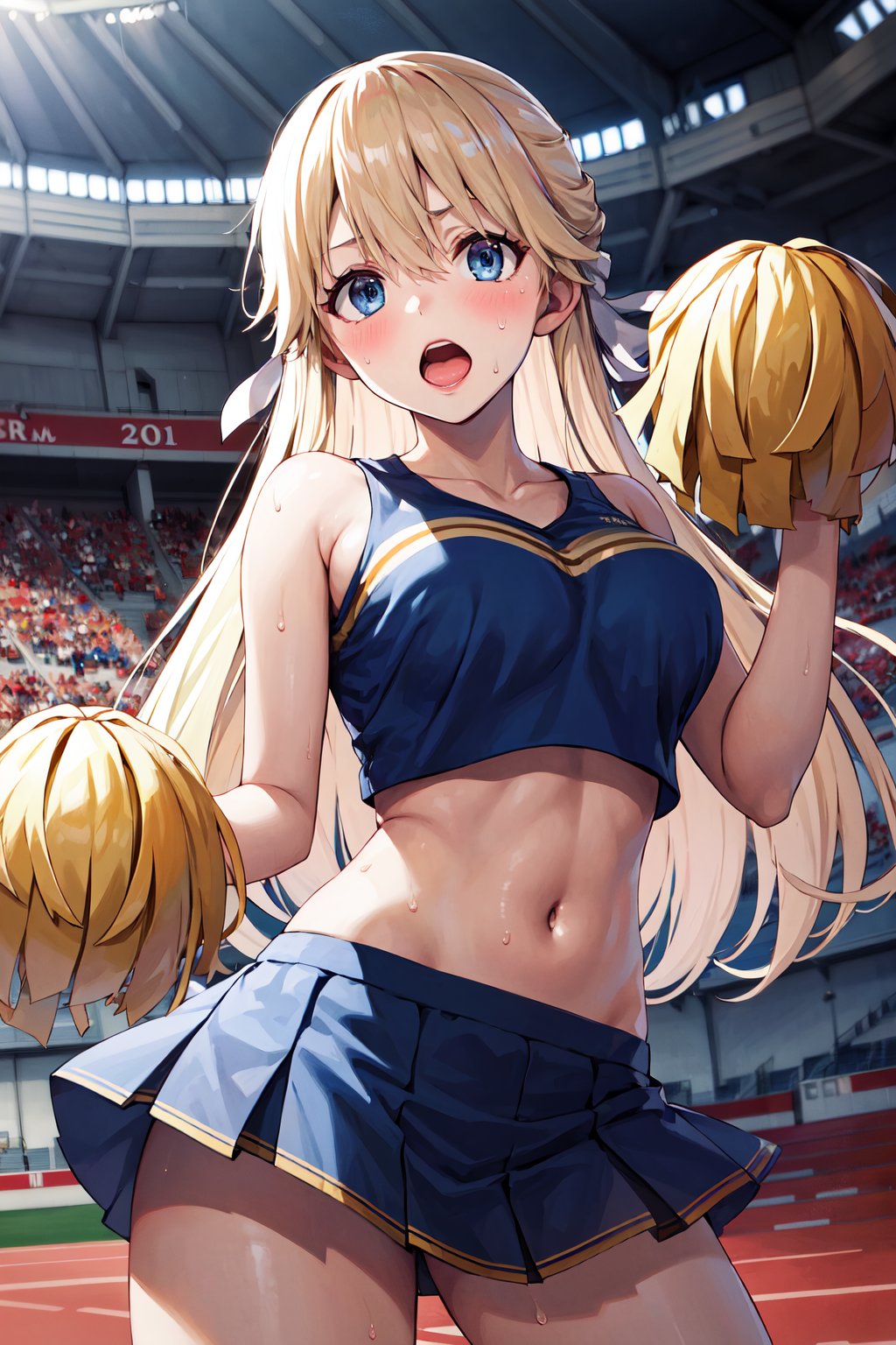 masterpiece, best quality, highres, 1girl, solo, long hair, blonde hair, hair ribbon, bangs, blue eyes, <lora:nanase_tsubasa_v1:0.7>, cheerleader, pom pom \(cheerleading\), sweat, open mouth, stadium, 