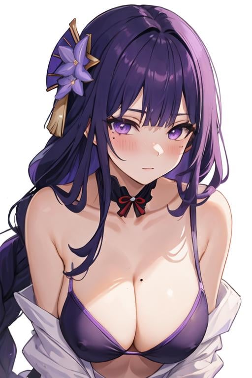 best quality, masterpiece, highres, solo, {raiden_shogun_genshin:1.15}, long_hair, purple_hair, bangs, purple_eyes, mole_under_eye, mole, breasts, hair_ornament, large_breasts, flower, braid, cleavage, hair_flower, blush, very_long_hair, 1girl, bare_shoulders, closed_mouth, collarbone, looking_at_viewer, bikini, purple_flower, swimsuit, upper_body, simple_background, white_background