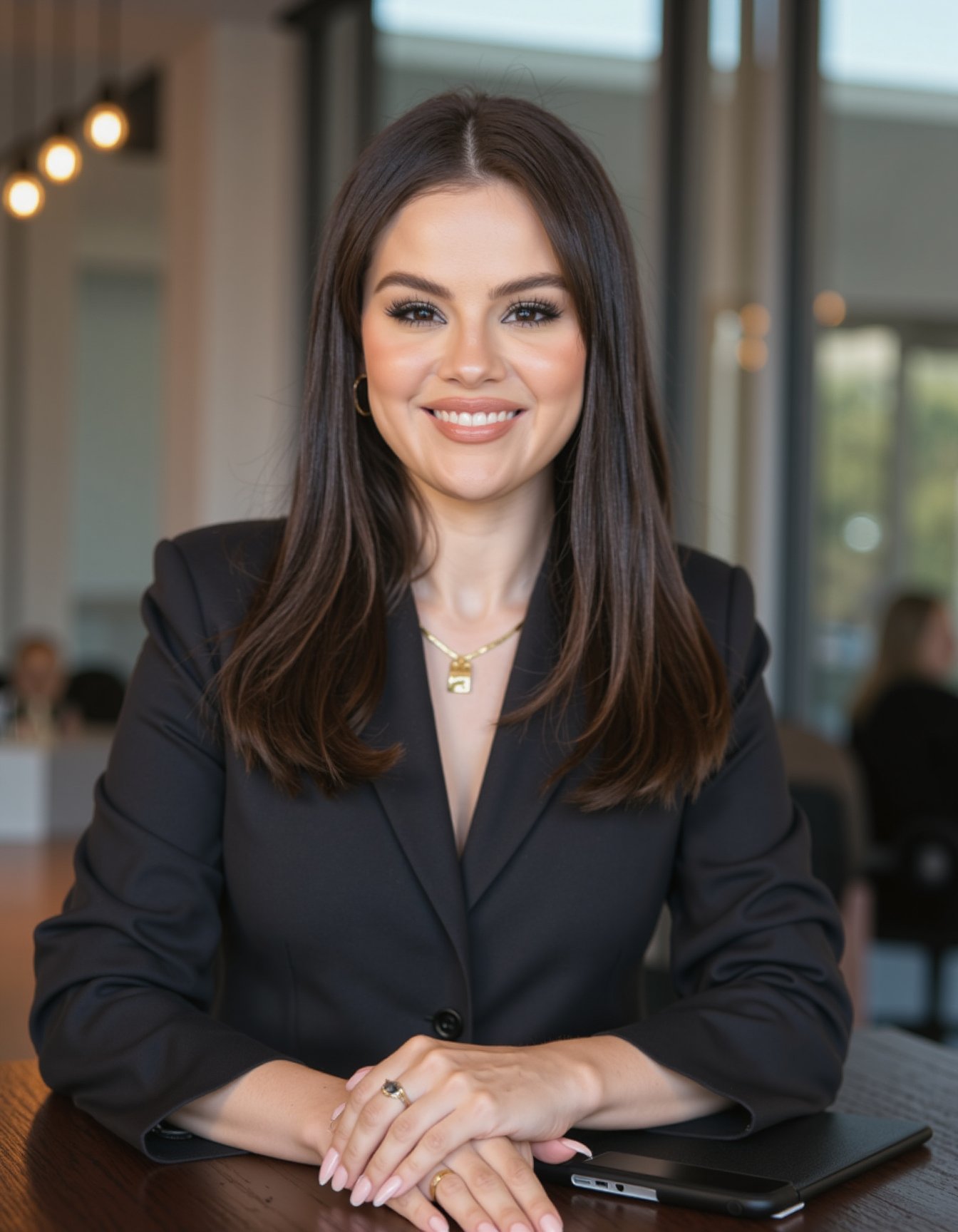 Mid-shot portrait of a beautiful woman selena gomez smiling  in an hi tech office with blazer and a shirt under  <lora:selena_gomez_flux_lora_v1_000001800:1>