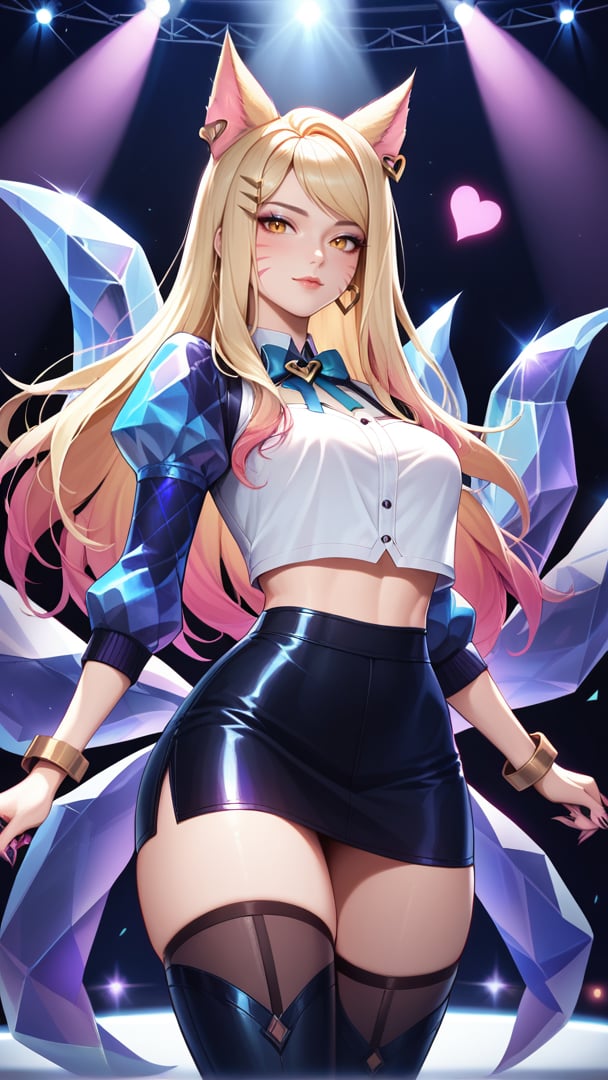 score_9, score_8_up, score_7_up, score_6, score_5, score_4, masterpiece, best quality,concert stage, league of legends, ahri (league of legends), k/da ahri, blonde hair, earrings, facial mark, fox ears, k/da (league of legends), long hair, yellow eyes, wide hips, thick thighs, 1girl, multicolored hair, gradient hair, hairclip, bowtie, black cropped shirt, black juliet sleeves, black long sleeves, midriff, fox tail, black skirt, multiple tails, nail polish, crystal, heart, stockings, thigh boots, dark theme, 