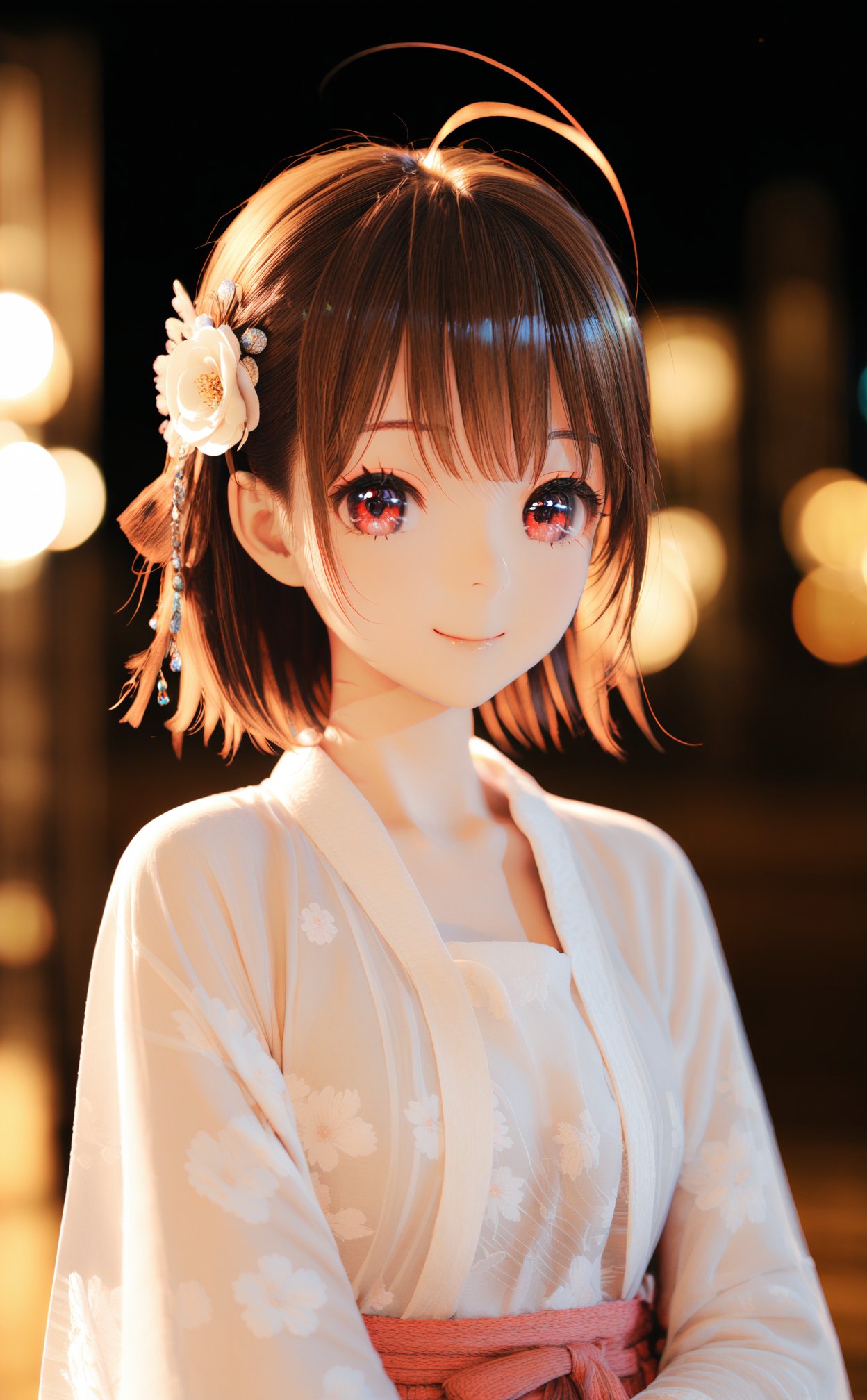 (masterpiece),(best quality),illustration,ultra detailed,hdr,Depth of field,(colorful),mmd,night,1girl,solo,red eyes,looking at viewer,hair ornament,short hair,upper body,brown hair,blurry,ahoge,bangs,see-through,depth of field,hanfu,smile,floral print,closed mouth,