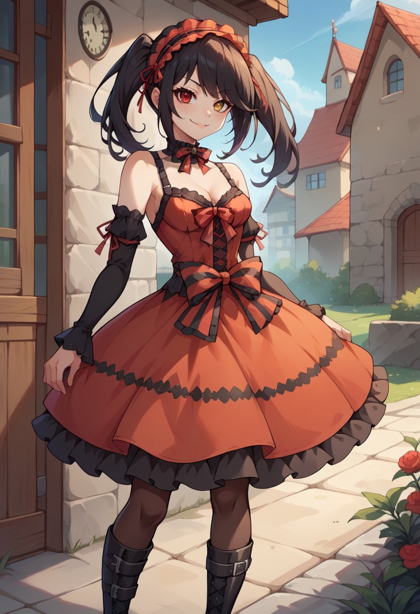 score_9, score_8_up, score_7_up, source_anime, KurumiBase, clock eyes, red eye, yellow eye, heterochromia, black hair, twintails, hairband, red dress, striped bow, frills, detached sleeves, frilled choker, black thighhighs, garter straps, lace-up boots, outdoors, standing, smirk, <lora:ChamTokisakiKurumiPDXL:1>