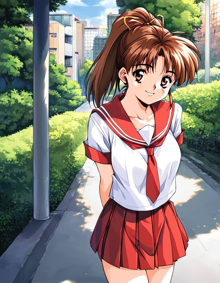 score_9, score_8_up, score_7_up, score_6_up, score_5_up, score_4_up, source_anime, rating_explicit, BREAK <lora:Tanaka_Misa_XL:0.8> TanakaMisa, 1girl, solo,  ponytail, brown hair, brown eyes, long hair, hair ribbon, outdoor, sky,school uniform,  skirt, smile, arms behind back, looking at viewer, red skirt, serafuku, necktie, pleated skirt, retro artstyle, short sleeves, high ponytail, collarbone,1990s \(style\),  