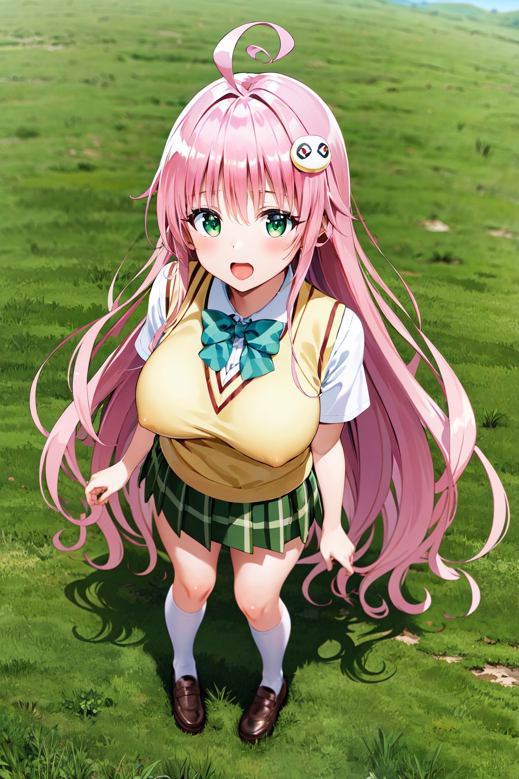 masterpiece, best quality, highres, aalala, long hair, ahoge, hair ornament, green eyes, breasts, school uniform, green bowtie, collared shirt, white shirt, sweater vest, yellow vest, short sleeves, plaid skirt, green skirt, <lora:lala_satalin_deviluke_v1:0.7>, standing, full body, from above, 