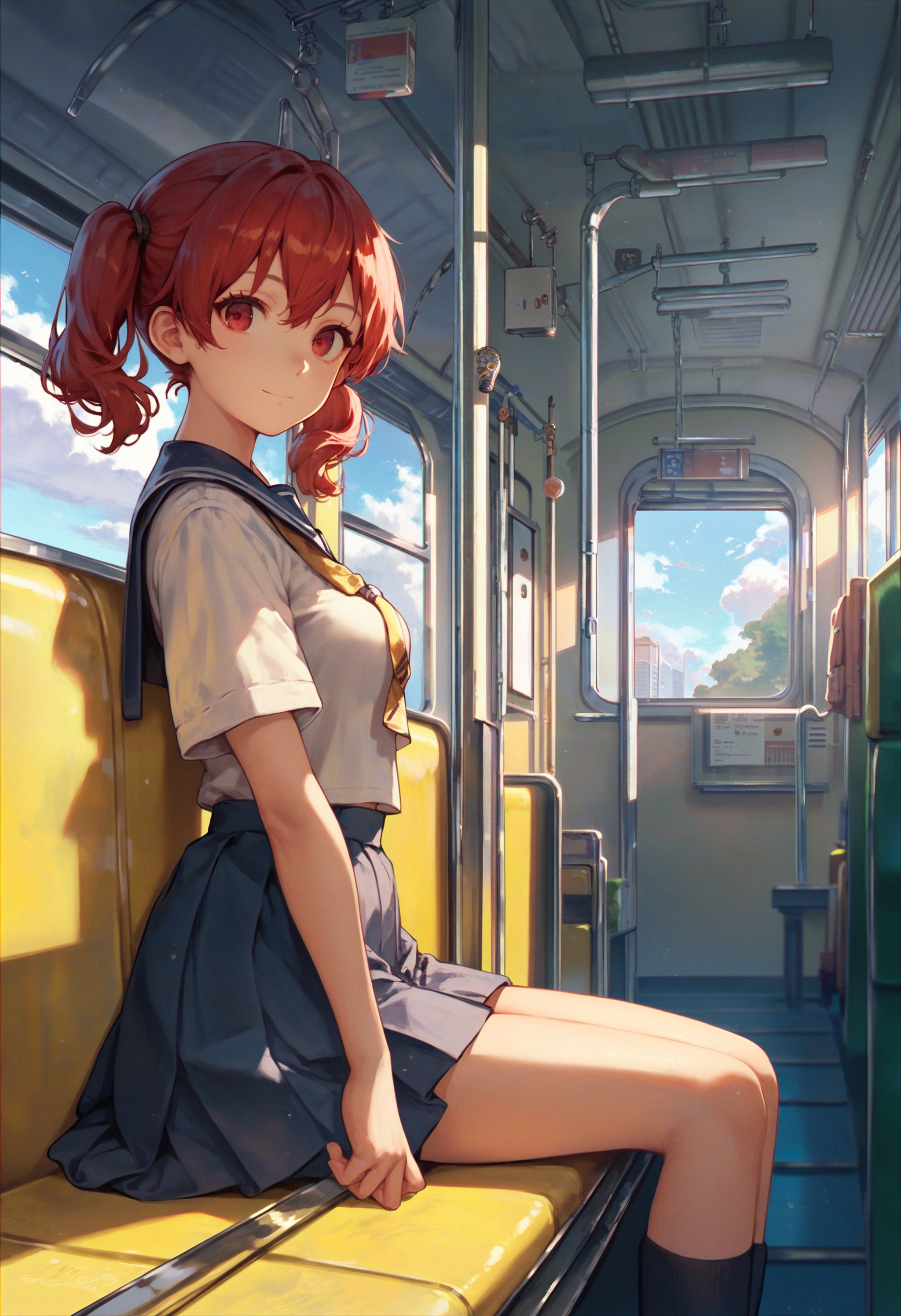 score_9,score_8_up,score_7_up,score_6_up,source_anime,<lora:Worldly_XL:1>,solo,1girl,from side,looking at viewer,red hair,red eyes,short twintails,straight hair,long hair,school uniform,light smile,medium breasts,sitting,train_station,cloud,