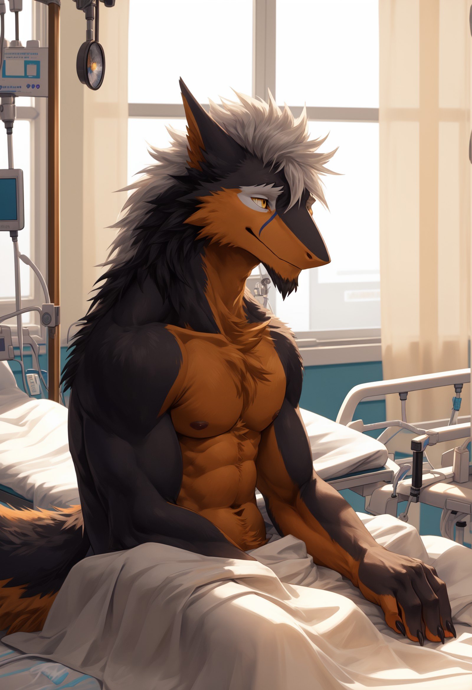 official art, masterpiece, super detailed, (clear focus: 0.6), Gentle gaze, depth of field, perfect lighting, best quality, luxurious,fluffy, anthropologist, male,sergal, (felice: 0.3), hybrid, wake up, (rubs eyes:1.6), (((sleepy))), ((tired)), ((white hairstyle, white beard)) topless, blanket,sitting, on the bed,detailed background, bed linen, beam of light, window, ((hospital room:1.5)), high quality, realism, 8k, clarity of details (black protein, yellow eyes, black pupils) (black body, orange belly, black face)