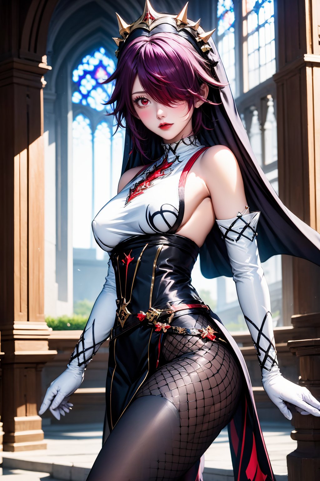 1girl, rosaria \(genshin impact\), solo, breasts, fishnet pantyhose, gloves, fishnets, looking at viewer, pantyhose, nun, bare shoulders, red hair, white gloves, elbow gloves, habit, church, red eyes, purple hair, belt, parted lips, lips, large breasts, red lips, hair over one eye, multicolored hair, veil, petals, cowboy shot, dress, blush, hair between eyes, sleeveless, medium breasts, makeup, black dress, streaked hair, short hair, detached sleeves, indoors, two-tone dress, pelvic curtain, multicolored clothes, thighs, purple eyes, claw ring, multicolored headwear, lipstick, covered nipples, sideboob, white dress, falling petals, taut clothes, swept bangs, eyelashes