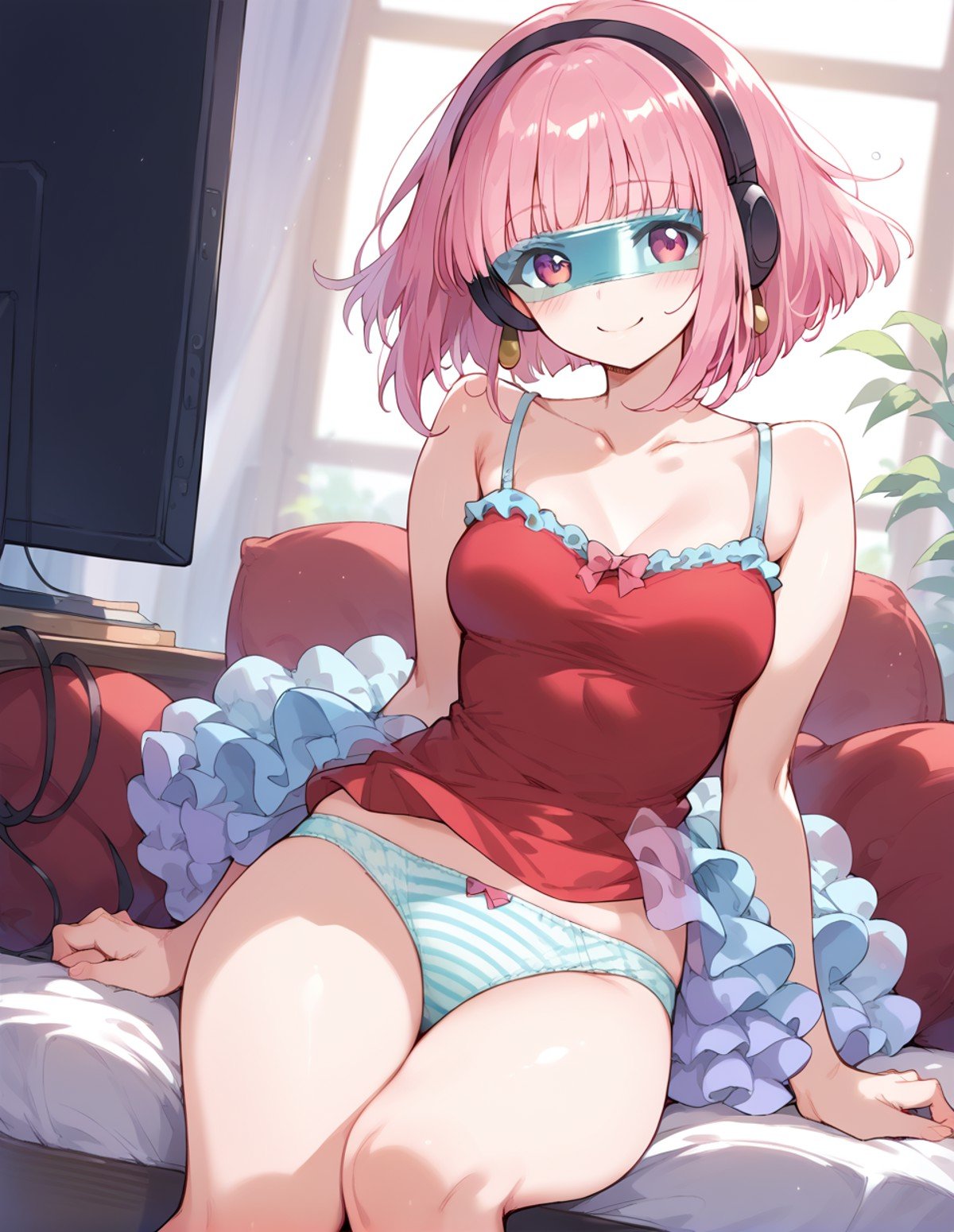 score_9,score_8_up,score_7_up,score_6_up,score_5_up,score_4_up,1girl,solo,<lora:cybertutu_pony:1>,pink hair,cybertutu,nude,short hair,visor,headphones,blush,camisole,thighs,smile,panties,